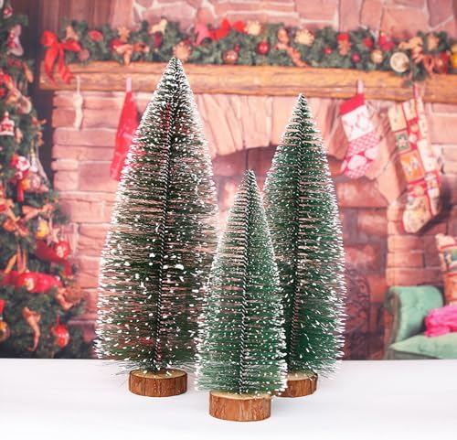 Desktop Miniature Christmas Trees Mini Pine Tree 4pcs with Snow and Wood Base for Xmas Holiday Party Home Tabletop Decor (4pcs)