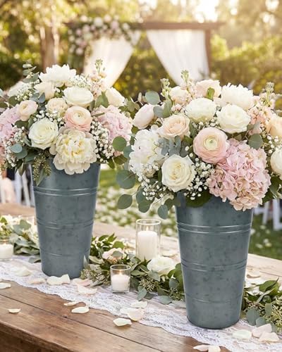 12 Inch Galvanized Metal Vase, 2 Pack Tall Flower Buckets with Handles