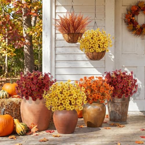 Bassion Artificial Fall Mums for Outdoors Decor, 16 Pcs Fake Fall Flowers