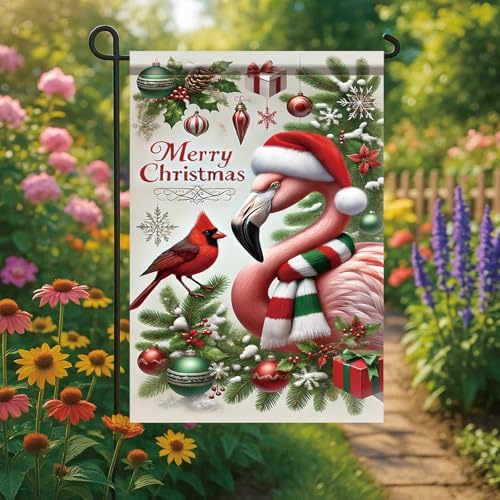 Christmas Garden Flag Flamingo with Cardinal Bird Flag 12x18 Inch Outdoor Double Sided Winter Seasonal Yard Banner Holiday Lawn Decoration Xmas Tree Ornaments for Porch Patio Garden