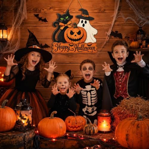 Halloween Door Sign, Wooden Black Cat Ghost Pumpkin Happy Halloween Wreath