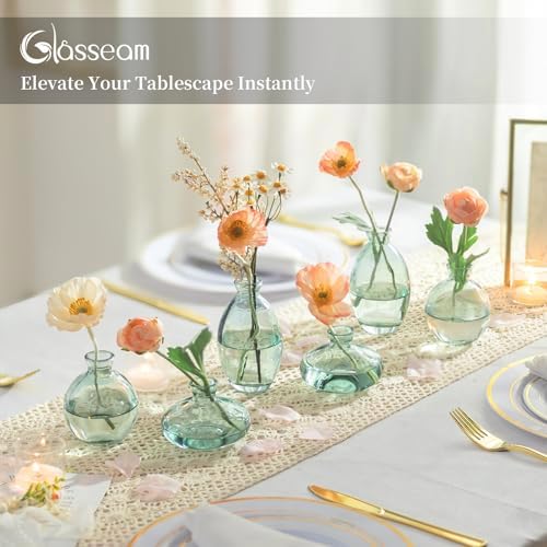 Glasseam Glass Bud Vase for Centerpieces, 6Pcs Green Small Flower Vase Set