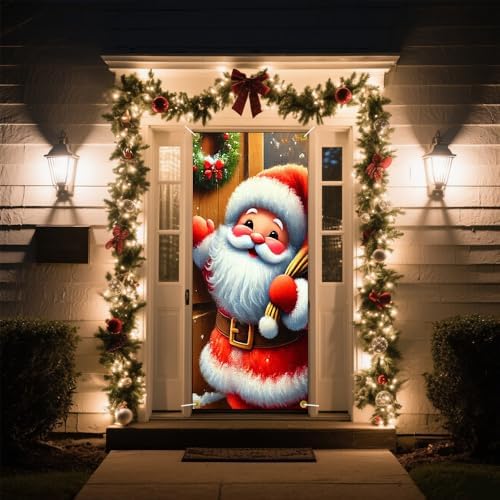Chibi Santa Knocking Door Gift Sack Lantern Door Cover 35x71in