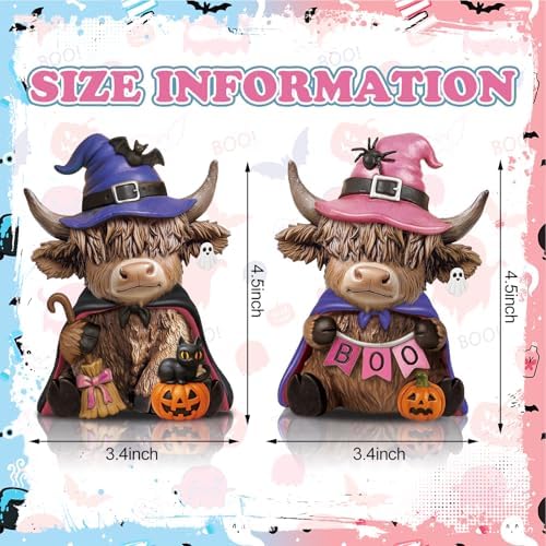 Karenhi 2 Pcs Halloween Highland Cow Figurines, Witch Hat Pumpkin Decor
