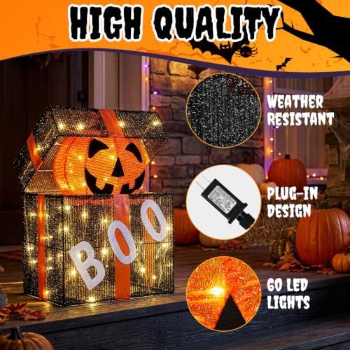 Outvita Halloween Pumpkin Lighted Gift Box, 60 LED Lights for Outdoor