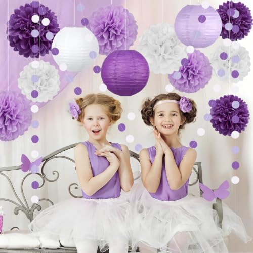14 Pcs Purple Birthday Decorations, Pom Poms, Paper Lanterns, Dot Garlands