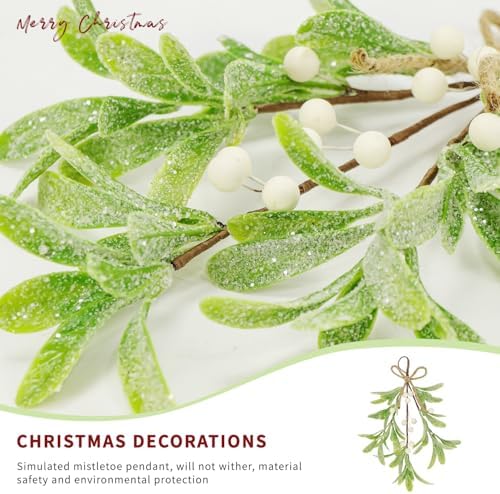 2 Pcs Frosted Mistletoe Hanging Decorations, 10.6'' Artificial Mistletoe Ornament Hanging Kissing Ball with Berry for Christmas Winter Holiday Decor (2, White)