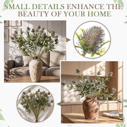 XunYee 50 Heads Artificial Thistle Flowers 5 Bundles Blue Faux Thistle Eryngium Spray with Stems 27'' Sea Holly Floral Branches for Wedding Bouquets Centerpieces Party Home Decor