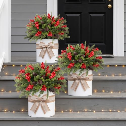 Daynight 6 Pack Artificial Christmas Pine Bushes, Faux Norfolk Pine Bushes with Berries, Realistic Silk Christmas Flower Picks for Bouquets, Table Centerpieces, Xams, Home Décor (6, Norfolk Pine)