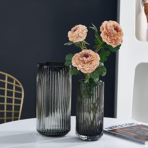 TIMEFOTO Flower Vase 7.5 inch Grey Thickened Hand Blow Glass Vase Round Vintage Striped Bottles for Bookshelf,Dinner Table,Indoor Office Desktop,Meeting Room,Bathroom,Countertop,Home