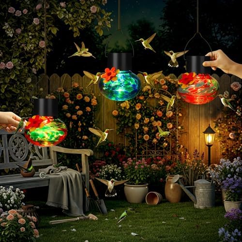 Nuogo 3 Pcs Blown Glass Hummingbird Feeder Gift Solar LED, Color B, Classic