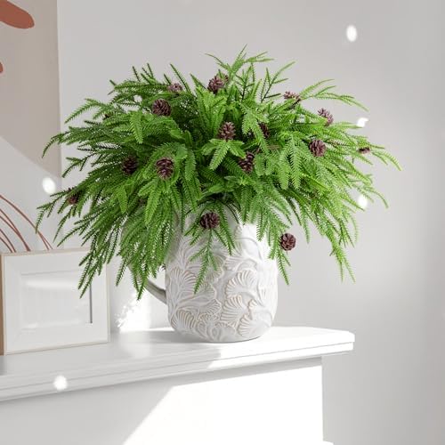 15 Pcs Christmas Norfolk Pine Branches Pine Cones, Faux Christmas Sprigs