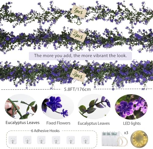 RECUTMS Faux Lighted Mantle Garland Purple Artificial Hanging Greenery 3Pcs