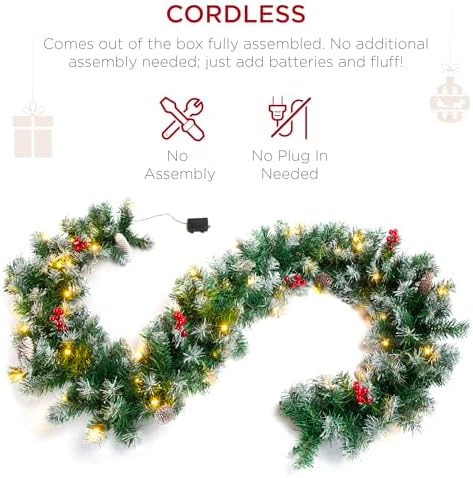 Best Choice Products 9ft Pre-Lit Holiday Pre-Decorated Christmas Garland for Stairs, Fireplace, Decoration w/PVC Tips, 50 Lights, Pine Cones, Berries - Semi-Flocked