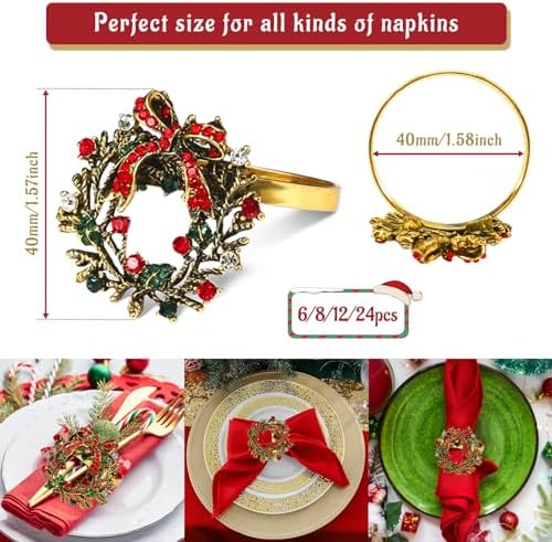 Legigo Set of 24 Christmas Wreath Napkin Rings Set- Metal Xmas Napkin Ring Holders for Cloth Napkins, Christmas Holiday Party Dinner Table Decoration