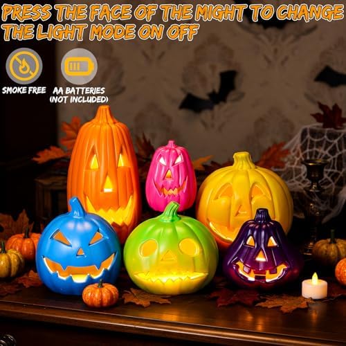 Tujoe 6 Pcs Halloween Pumpkin Lantern Set Light up LED,Multi Color