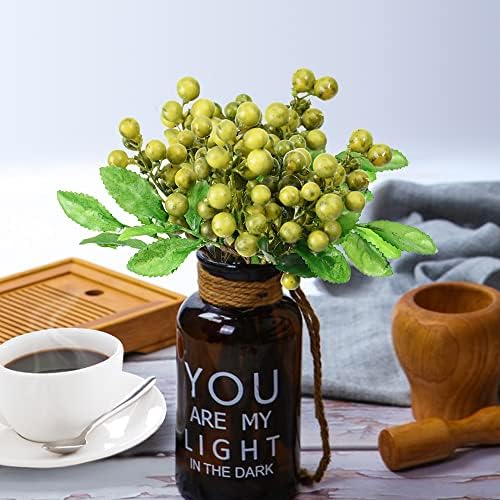 4 Pcs Artificial Dark Green Berries, Lifelike Greenberry Stems Faux Fruit Fake Flowers for Wedding Home Kitchen Party Crafts Decoration