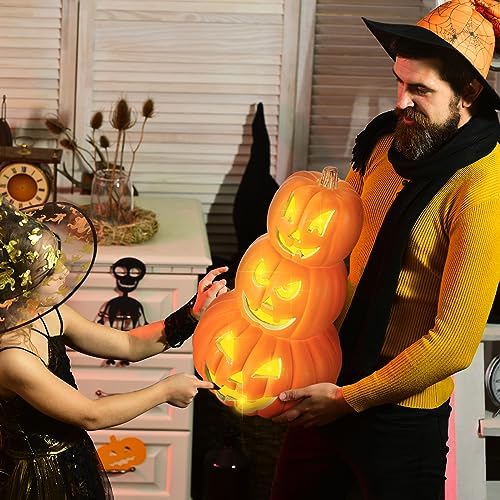 3 Tier 14" Halloween Stacked Pumpkin Decor, Jack O Lantern with LED Lights
