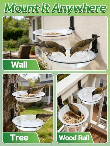 Windproof Bird Feeders Tray - 2pcs Tree Mounted Wild Bird Bath for Outdoors Place Food Water, Installed on Wall Wooden Deck Fence with Heavy Duty Iron Ring, 7.2'' Dia. (Clear)