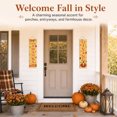 Happy Thanksgiving Door Banner Set of 2, Turkey Leaf Porch Decor for Home