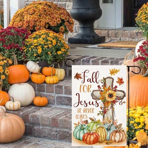 LosFong Christian Fall Garden Flag 12x18 Inch Double Sided Burlap Fall for Jesus He Never Leaves Maples Cross Pumpkin Thanksgiving Small Yard Flag for Outside Decoration (Fall)
