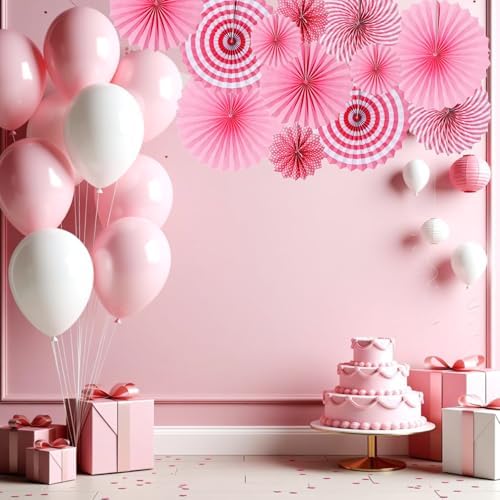 Pink Hanging Paper Fans, 12 Pieces Hanging Party Decorations Round Pattern Paper Garlands for Girl's Women Birthday Party, Wedding, Brial Shower