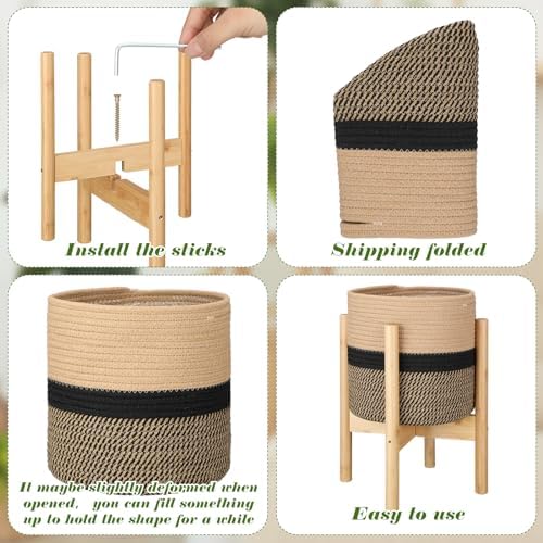 Plant Basket with Stand,10 Inch,Black and Beige Stripes