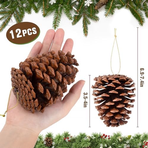 12PCS Christmas Pine Cones Ornaments Extra Large with String 3.5"-4"