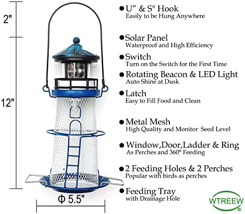 Solar Lighthouse Bird Feeder with Rotating Beacon - 14" Hanging Best Birdfeeder Gifts for Bird Lovers(Space Blue)