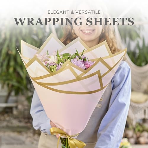 the florist Supply 20 Sheets Premium Flower Wrapping Paper | Waterproof Flower Wrapping Paper for Bouquets | Double Sided Floral Bouquet Sheets | DIY Gifts Borderline Pink/Gold