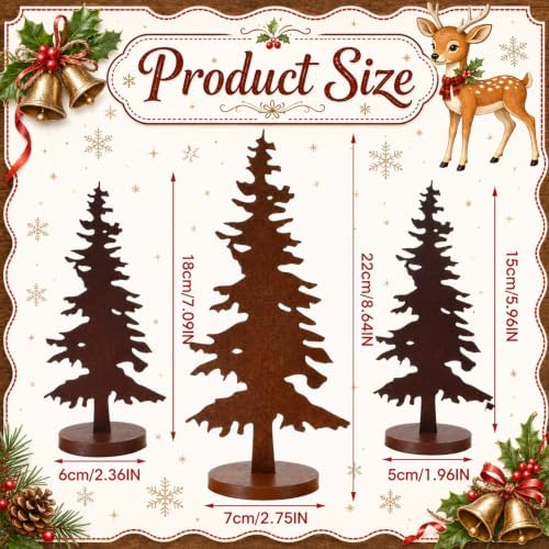 Shimeyao 3 Pcs Metal Pine Tree Decor, Rusty Christmas Decor with Wood Base