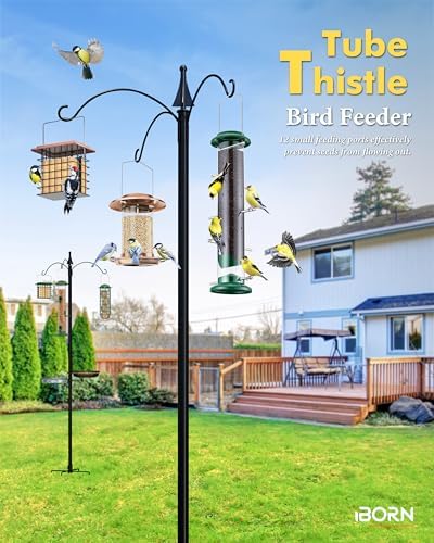 iBorn Nyjer & Thistle Bird Feeder for Outdoors Hanging，Finch Feeders for Outside，Metal Tube Bird Feeder 14 Inch with 12 Small Ports,8 Metal Perches,Green