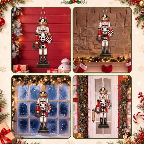 RattanView Christmas Checkered Soldier Nutcracker Door Hanger Wooden Nutcracker Soldier Knight Porch Wreaths Home Sign Front Door Ornament for Farmhouse Indoor Outdoor Yard Porch