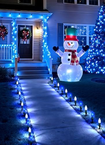 Brightown C9 Christmas Lights Outdoor, 25.7 Ft Strawberry C9 Christmas Pathway Lights with 20 LED Bulbs and Stakes, Christmas Decorations Outside Walkway Sidewalk Holiday, Blue and White