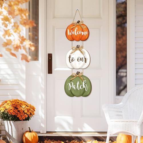 3 Piece Fall Pumpkin Door Sign, Wooden Pumpkins Thanksgiving Day Hanging Decor with Raffia Bow, Welcome to our Patch Sign for Farmhouse Front Door Porch Wall Autumn Harvest Home Decorations
