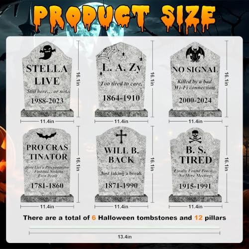 6 Pcs 16.1" Weatherproof Halloween RIP Tombstone Yard Decor with Stakes