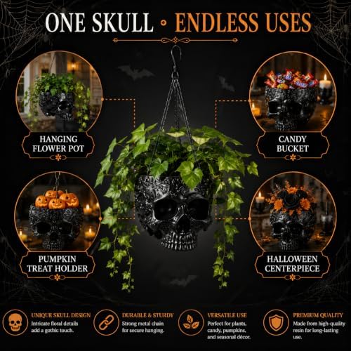 Halloween Trick Or Treat Skull Candy Bowl Hanging Gothic Skeleton Black Pot