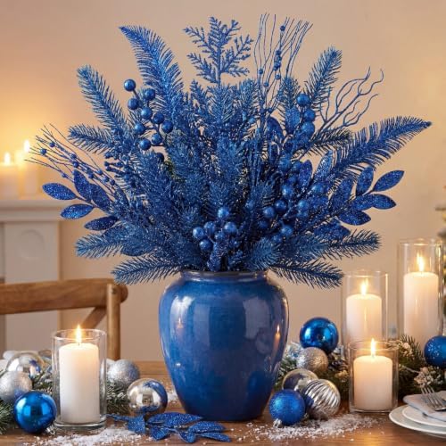 66 Pcs Christmas Glitter Picks and Sprays, Royal Blue
