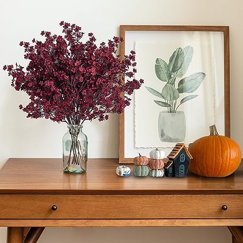 Sggvecsy 15 Pcs Babys Breath Artificial Flowers Gypsophila Bouquets Bulk Real Touch Fake Silk Flowers for Home DIY Floral Arrangement Table Centerpiece Fall Thanksgiving Autumn Decoration (Burgundy)
