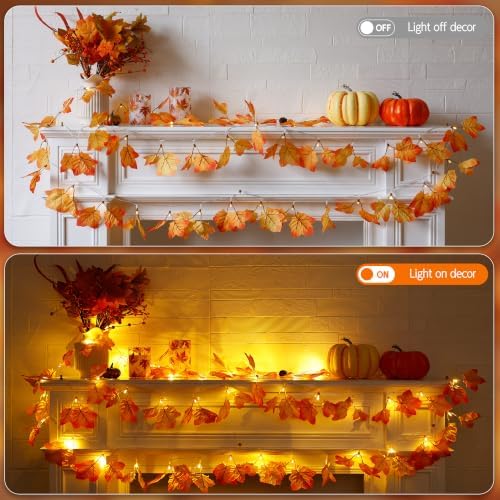 Fall Garland with Lights, Autumn Maple Leaf Lights, Fall Decor 14.7FT 40LED