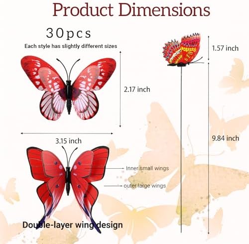 30PCS Red Butterfly Decor Artificial Butterflies for Outdoor Garden Decor
