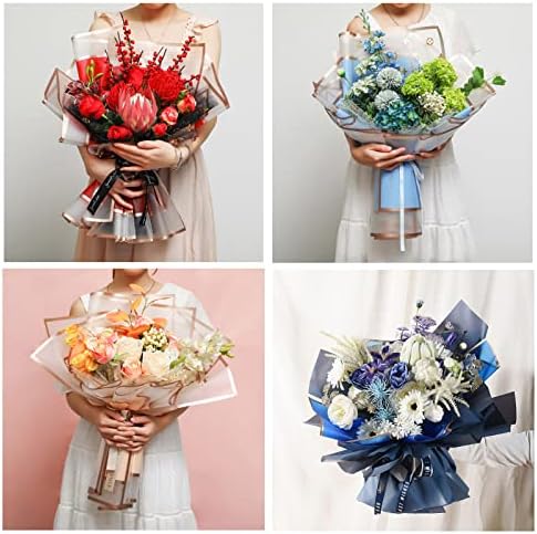 100 Sheets Flower Wrapping Paper with Pure Color Flower Bouquet Wrapping Paper for Waterproof DIY Crafts Packaging, 22.8x22.8 inch (10 Colors) with 3 Ribbons