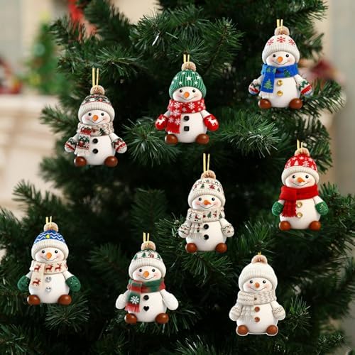 8 Pcs Christmas Snowman Ornaments 2D Acrylic Christmas Hanging Ornaments Decorations for Tree Cartoon White Snowman Wearing Hat Designs Xmas Hanging Pendant for Home Holiday Xmas Party Supplies
