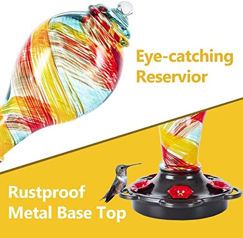 LUJII Hand Blown Glass Hummingbird Feeder for Outdoors Hanging with Ant Moat, 36 fl.oz, Leak Proof & Rustproof, Metal Base with 5 Feeding Ports & 5 Perches, Unique Garden & Backyard Decor (Ribbon)
