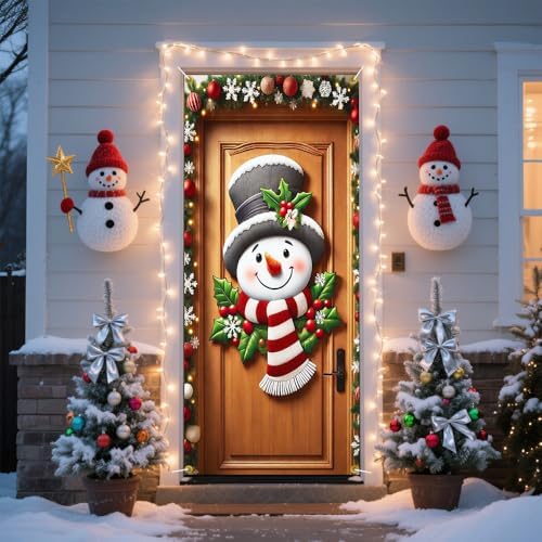 Snowman Face Door Hanger 35x71in Top Hat Holly Pine Frame