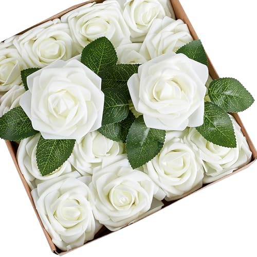 16 Pcs White Artificial Flowers, Fake Roses with Stems