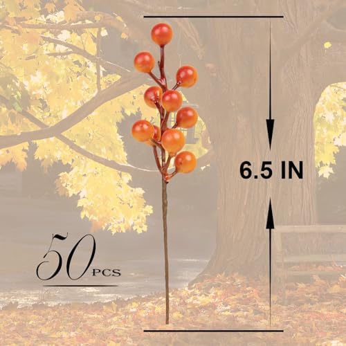 LLZLL Artificial Berry Stems 50 Pack Fall Floral Picks and Sprays 6.5 Inch Small Orange Berry Branches for Autumn Thanksgiving Harvest Christmas Tree DIY Decorations
