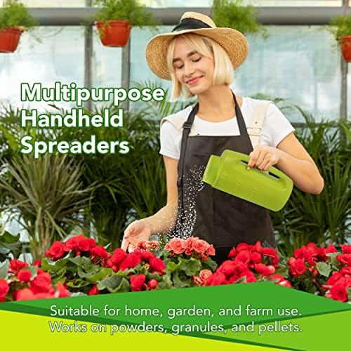 (2-Set) Multipurpose 2L Handheld Spreaders (Blue and Green) - Handheld Shakers for Seeds, Fertilizer, Salt, and More - With an Adjustable Dial for 7 Opening Modes - Includes 2 Scoops (Green)