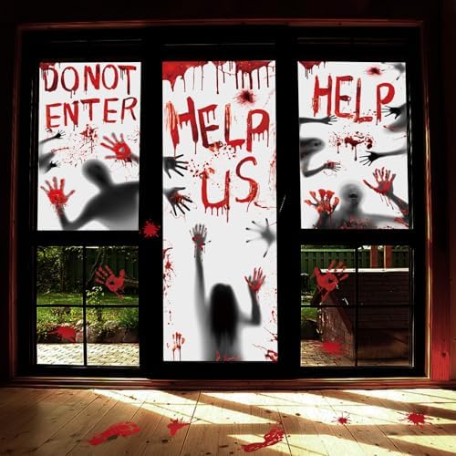 Bloody Halloween Window Cover Halloween Door Poster Decorations, Bloody Handprints Scary Silhouette, Bloody Window Indoor Décor for Party