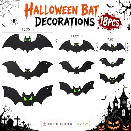 18PCS Bats Halloween Decoration with Glowing Eyes, Hang & Stick Flying Bat